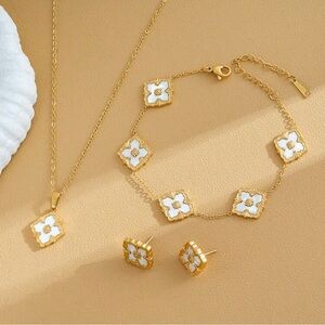 Gold Plated Stainless Steel 3-Piece white  Clover Jewelry Set |